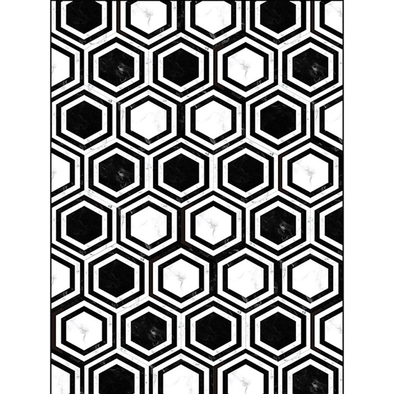 Black and white bedroom rug modern hexagon pattern area rug polyester machine washable rug | Bowlift