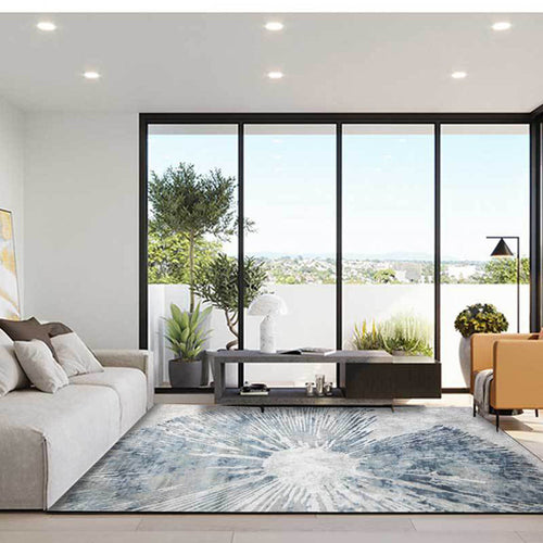 Scandinavian modern rug in gray and blue with abstract line pattern rug polyester washable rug for home decor | Bowlift