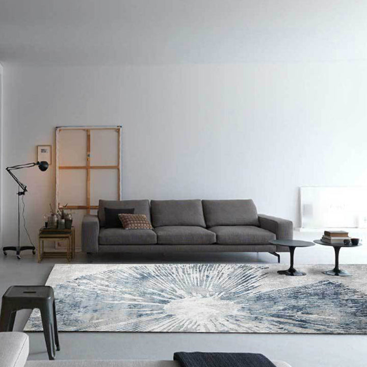 Scandinavian modern rug in gray and blue with abstract line pattern rug polyester washable rug for home decor | Bowlift