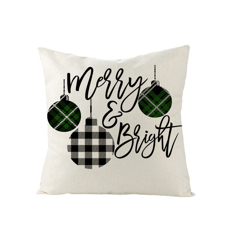 Square Linen-Blend Holiday Throw Pillow Cover with Buffalo Plaid Tree and Script Greeting
