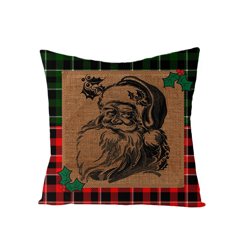 Square Linen-Blend Holiday Throw Pillow Cover with Buffalo Plaid Tree and Script Greeting