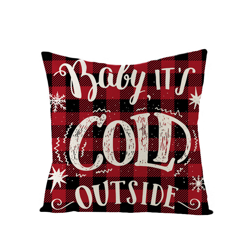 Square Linen-Blend Holiday Throw Pillow Cover with Buffalo Plaid Tree and Script Greeting