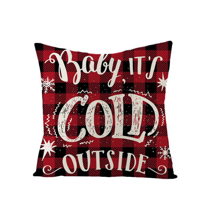 Square Linen-Blend Holiday Throw Pillow Cover with Buffalo Plaid Tree and Script Greeting