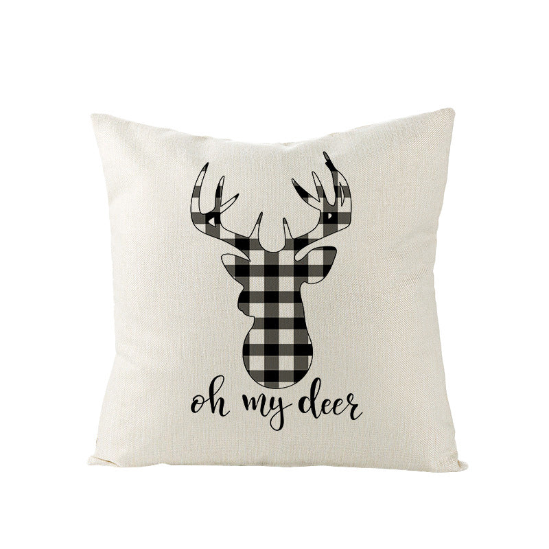 Square Linen-Blend Holiday Throw Pillow Cover with Buffalo Plaid Tree and Script Greeting