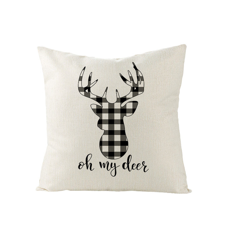 Square Linen-Blend Holiday Throw Pillow Cover with Buffalo Plaid Tree and Script Greeting