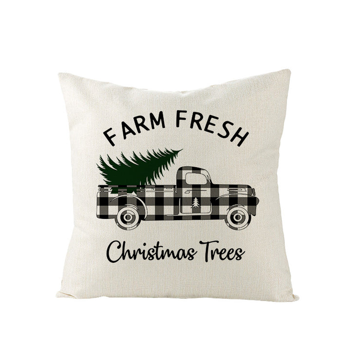 Square Linen-Blend Holiday Throw Pillow Cover with Buffalo Plaid Tree and Script Greeting