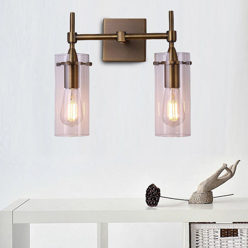 BowLift | Clear Glass Cylinder Wall Lantern Modern 2 Lights Dining Room Lighting Fixture in Patina Brass