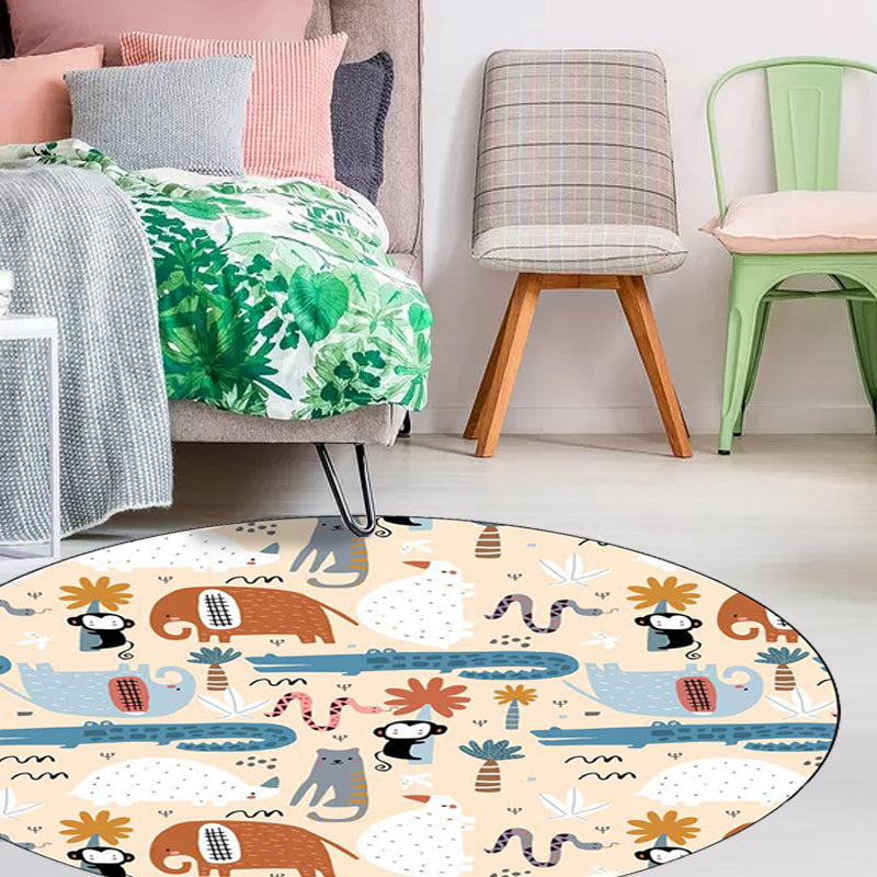 BowLift | Ivory Kids Room Rug Kids Animal Elephant Monkey Crocodile Pattern Rug Polyester Pet-Friendly Rug