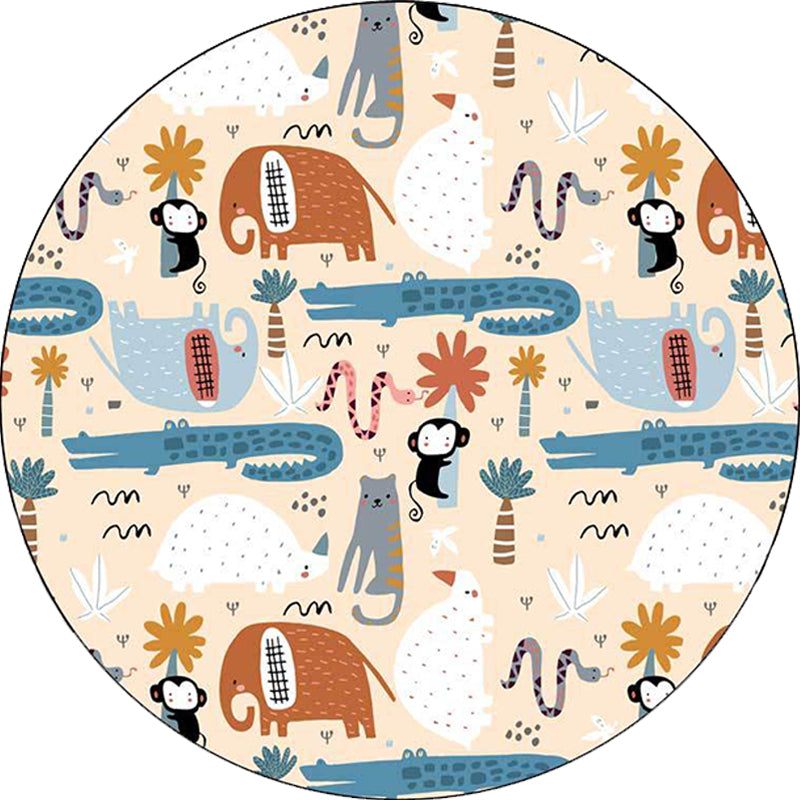 BowLift | Ivory Kids Room Rug Kids Animal Elephant Monkey Crocodile Pattern Rug Polyester Pet-Friendly Rug
