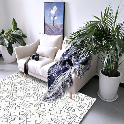 Simply modern rug in white geometric cross square pattern rug polyester pet-friendly rug for home decor | Bowlift