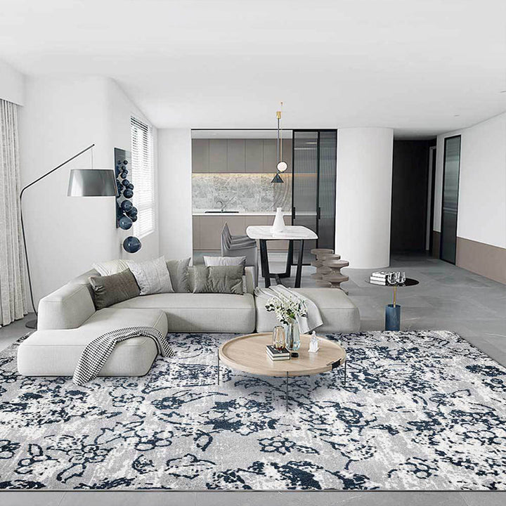 BowLift | Gray Shabby Chic Rug Polyester Floral Pattern Rug Machine Washable Non-Slip Backing Rug for the Living Room