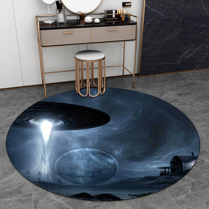 Blue Bedroom Rug Modern Outer Space Spaceship Pattern Rug Polyester Machine Washable Rug | Bowlift