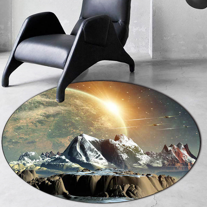 Modern living room rug in orange space planet mountain print rug polyester machine washable rug | Bowlift
