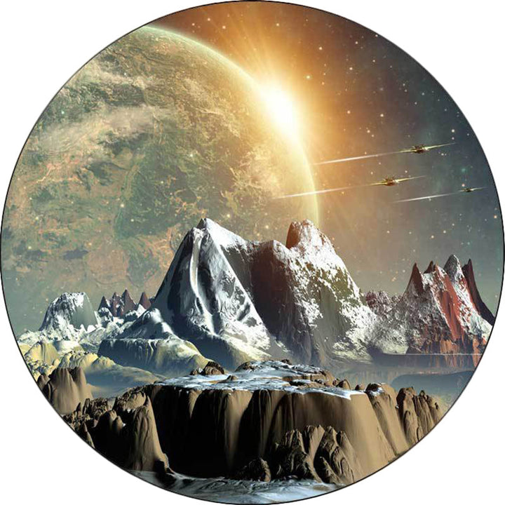 Modern living room rug in orange space planet mountain print rug polyester machine washable rug | Bowlift