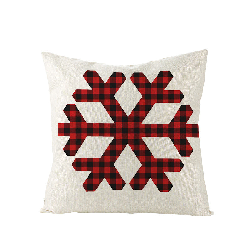Square Linen-Blend Holiday Throw Pillow Cover with Buffalo Plaid Tree and Script Greeting