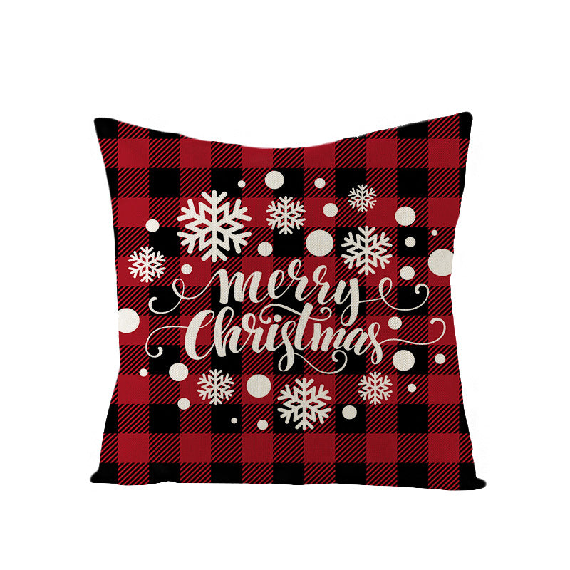 Square Linen-Blend Holiday Throw Pillow Cover with Buffalo Plaid Tree and Script Greeting