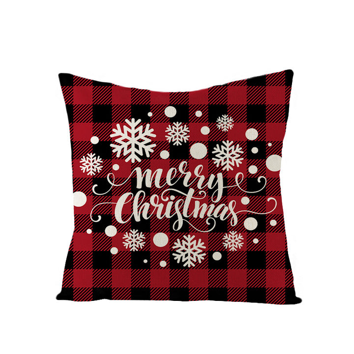 Square Linen-Blend Holiday Throw Pillow Cover with Buffalo Plaid Tree and Script Greeting
