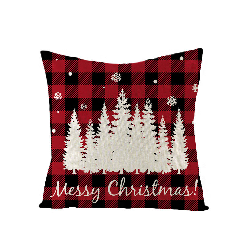 Square Linen-Blend Holiday Throw Pillow Cover with Buffalo Plaid Tree and Script Greeting