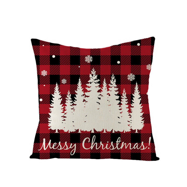 Square Linen-Blend Holiday Throw Pillow Cover with Buffalo Plaid Tree and Script Greeting