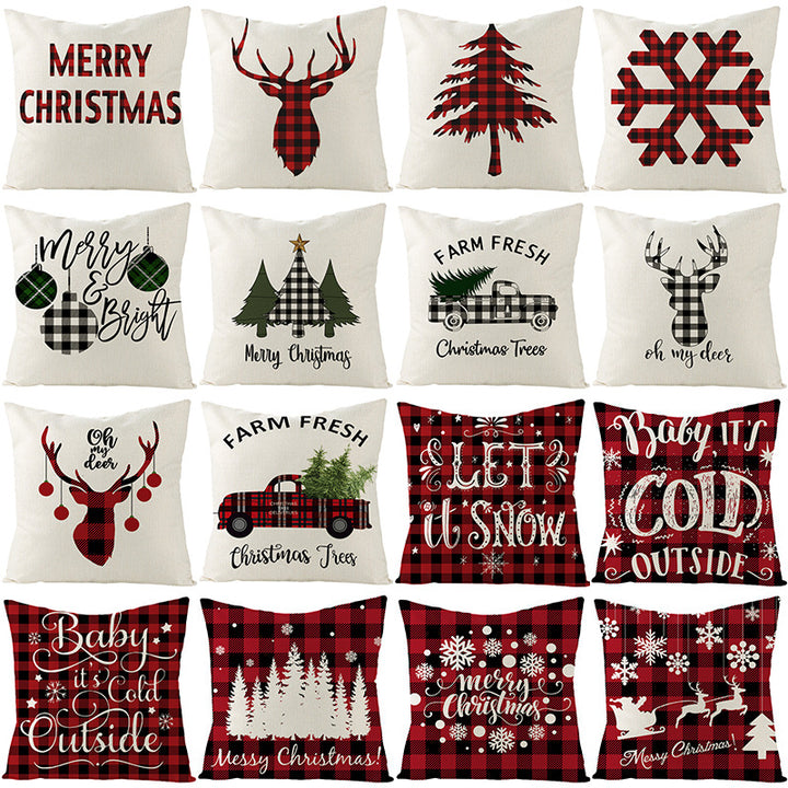 Square Linen-Blend Holiday Throw Pillow Cover with Buffalo Plaid Tree and Script Greeting