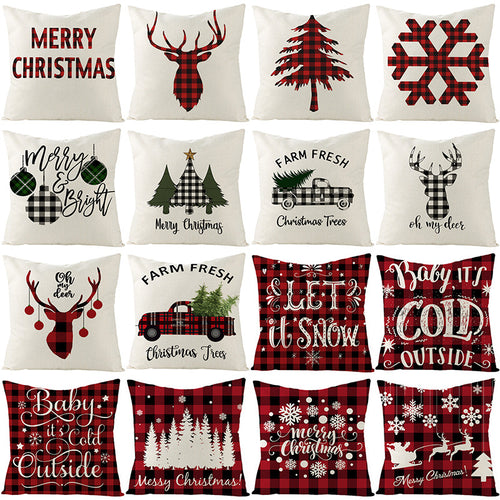 Square Linen-Blend Holiday Throw Pillow Cover with Buffalo Plaid Tree and Script Greeting