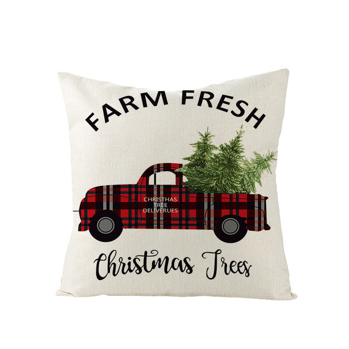 Square Linen-Blend Holiday Throw Pillow Cover with Buffalo Plaid Tree and Script Greeting
