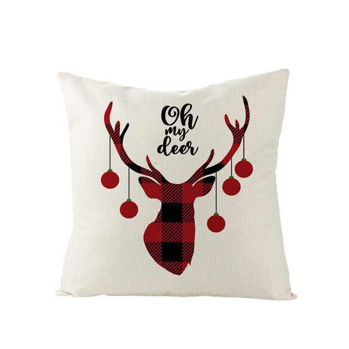 Square Linen-Blend Holiday Throw Pillow Cover with Buffalo Plaid Tree and Script Greeting
