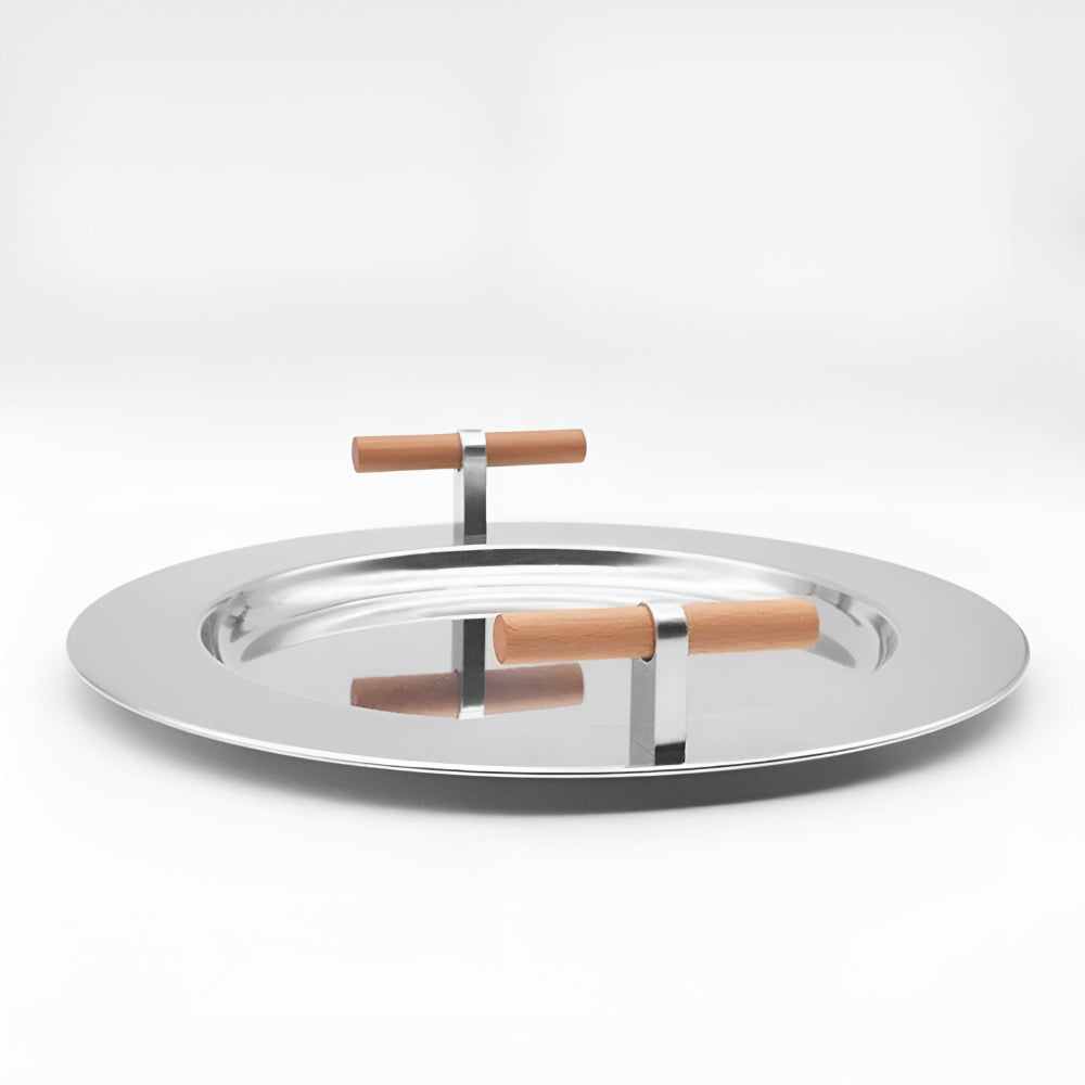 BowLift | Elegant Stainless Steel Round Tray with Wooden Handles