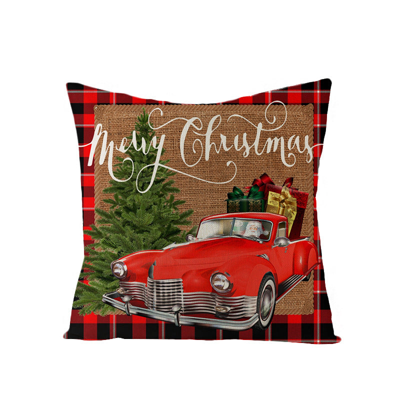 Square Linen-Blend Holiday Throw Pillow Cover with Buffalo Plaid Tree and Script Greeting