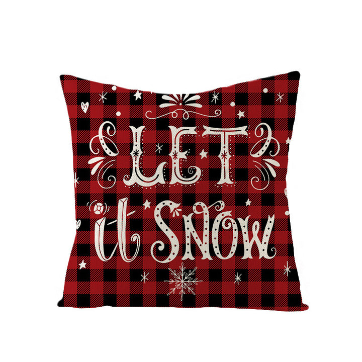 Square Linen-Blend Holiday Throw Pillow Cover with Buffalo Plaid Tree and Script Greeting