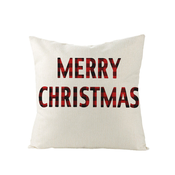 Square Linen-Blend Holiday Throw Pillow Cover with Buffalo Plaid Tree and Script Greeting