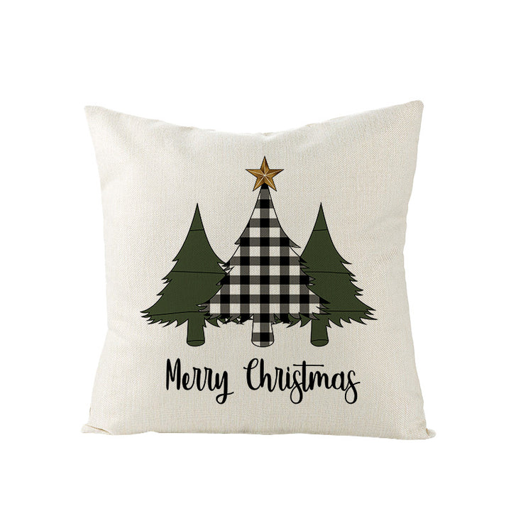 Square Linen-Blend Holiday Throw Pillow Cover with Buffalo Plaid Tree and Script Greeting