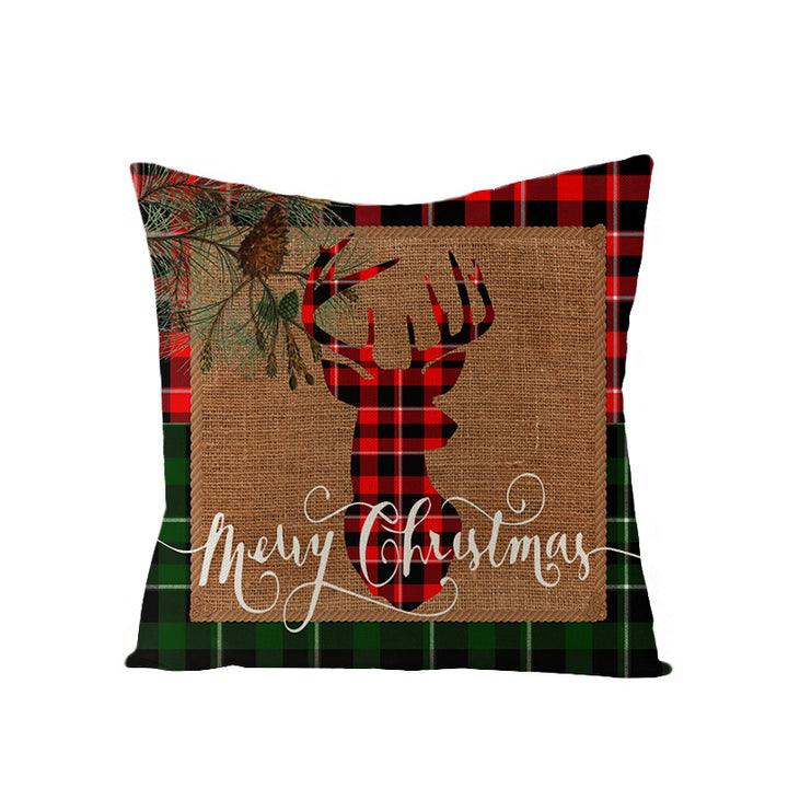 Square Linen-Blend Holiday Throw Pillow Cover with Buffalo Plaid Tree and Script Greeting