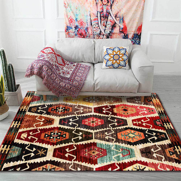 Retro Azulejos Pattern Rug Brown Multicolor Persian Rug Polyester Machine Washable Non-Slip Rug for the Bedroom | Bowlift