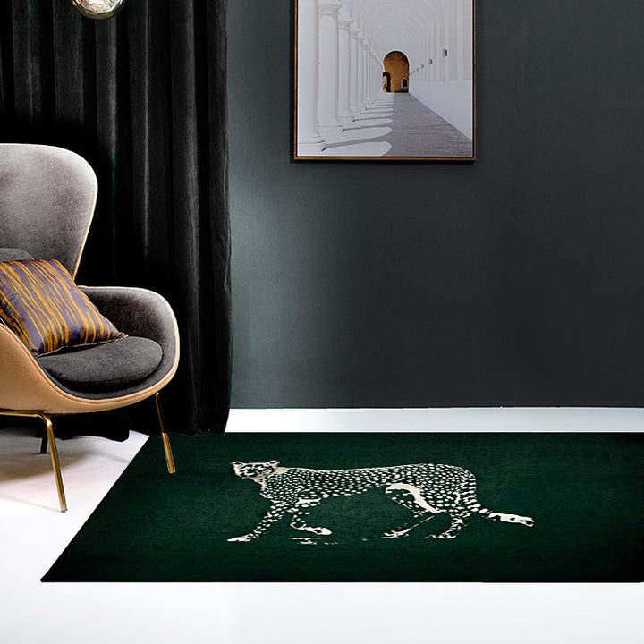 Dark green contemporary rug polyester leopard print rug washable non-slip backing rug for the living room | Bowlift