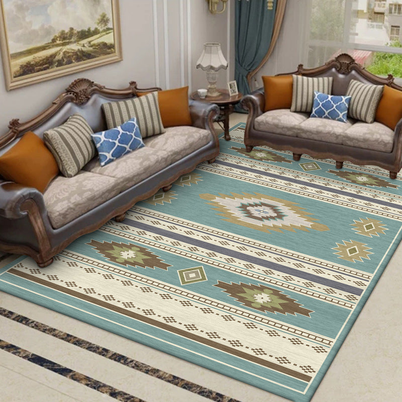 BowLift | Unique geometric pattern rug Blue and Green Vintage rug Polyester Washable Non-slip backing Rug for bedroom