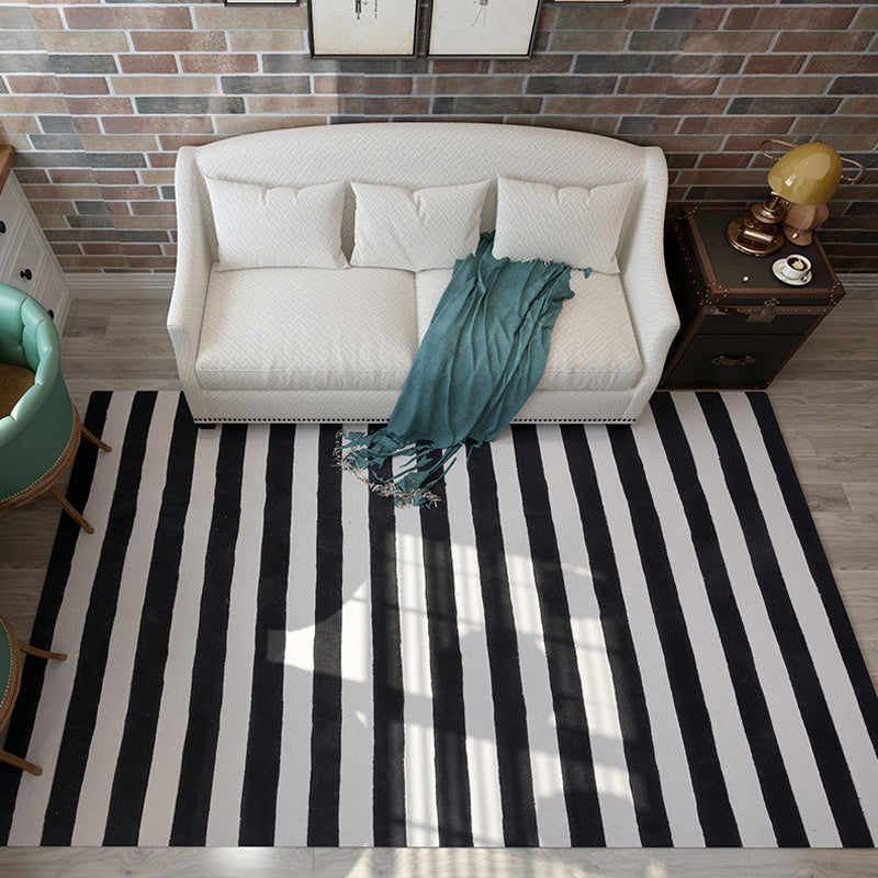 Black and White Modern Rug Polyester Striped Pattern Carpet Washable Non-Slip Backing Flooring for Living Room | Bowlift