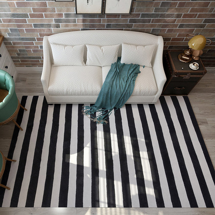 Black and White Modern Rug Polyester Striped Pattern Carpet Washable Non-Slip Backing Flooring for Living Room | Bowlift