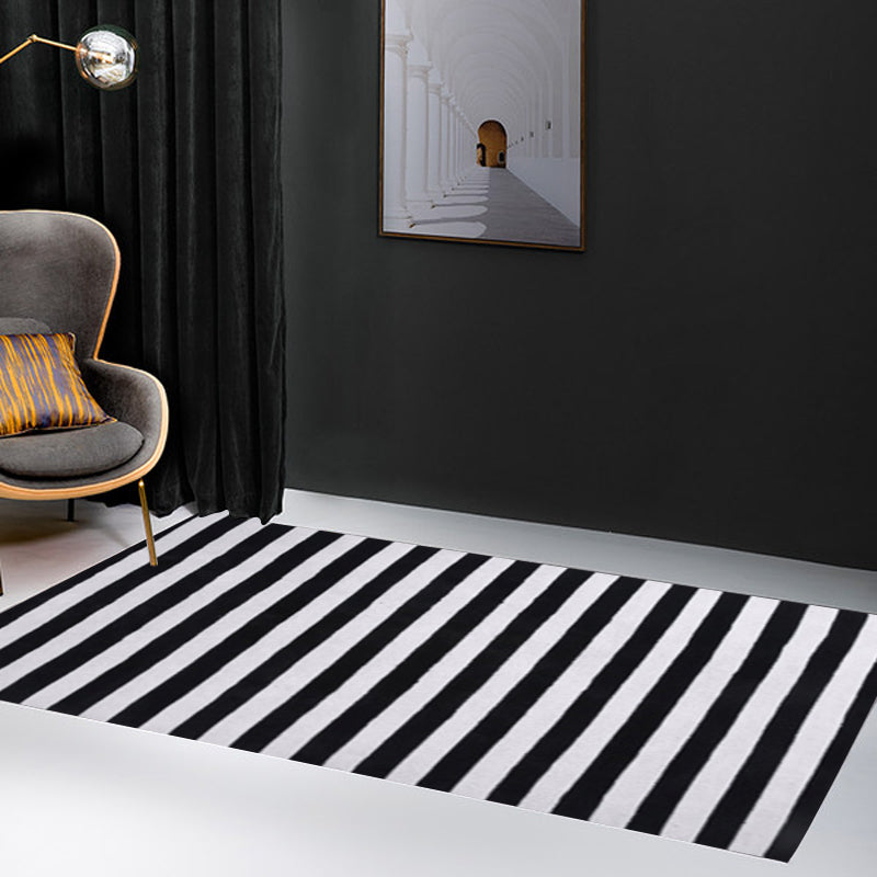 Black and White Modern Rug Polyester Striped Pattern Carpet Washable Non-Slip Backing Flooring for Living Room | Bowlift
