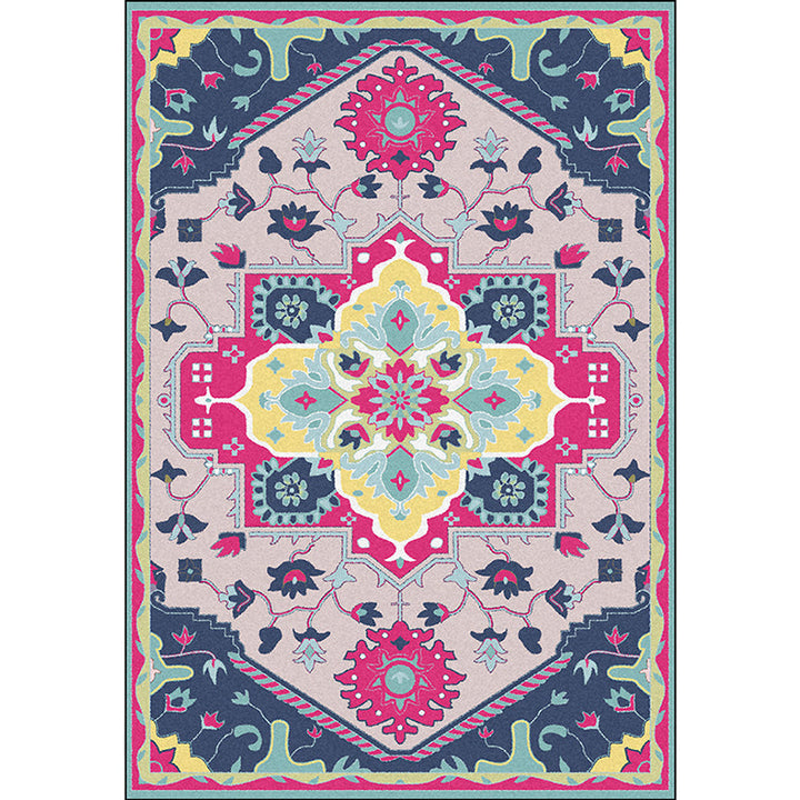 BowLift | Pink and Blue Mediterranean Carpet Polyester Medallion Pattern Carpet Washable Non-Slip Backing Carpet for Living Room