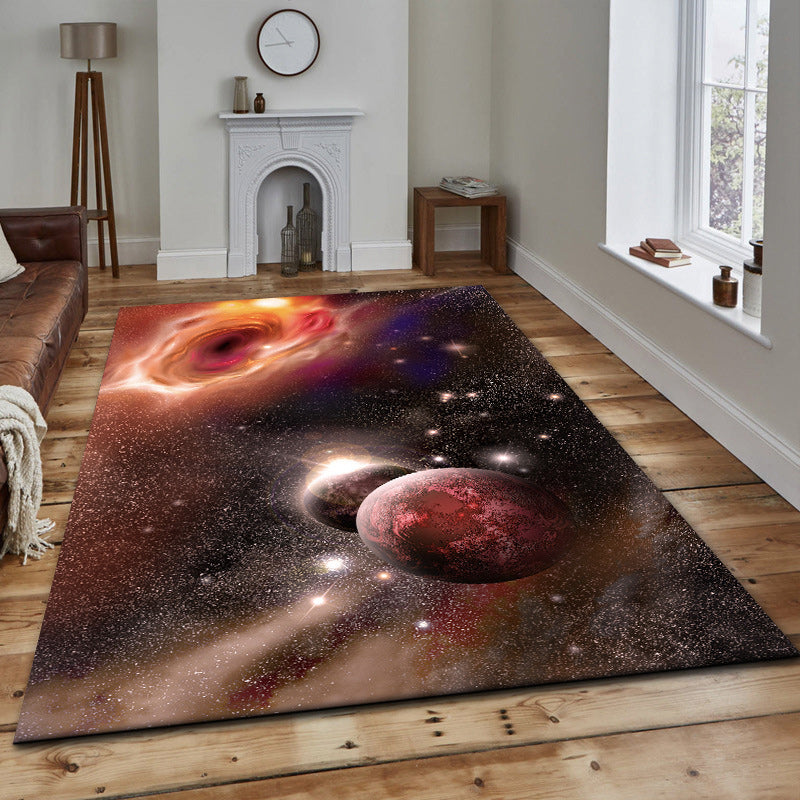 Contemporary modern rug in orange and black with space planet pattern rug polyester washable rug for home decoration | Bowlift