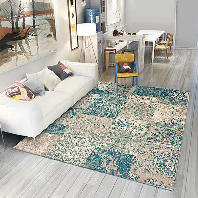 BowLift | Shabby Chic Tribal Pattern Rug Blue and Yellow Polyester Rug Machine Washable Non-Slip Rug for the Bedroom