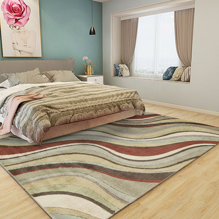 Unique swirl stripe pattern rug brown multicolored contemporary rug polyester washable non-slip back rug for the living room | Bowlift