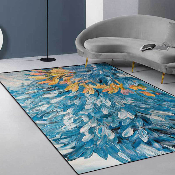 Unique oil painting-pattern carpet blue contemporary carpet polyester washable non-slip back carpet for living room | Bowlift