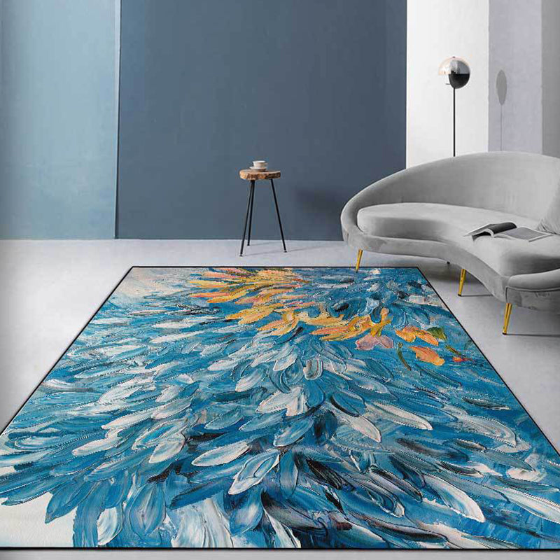 Unique oil painting-pattern carpet blue contemporary carpet polyester washable non-slip back carpet for living room | Bowlift