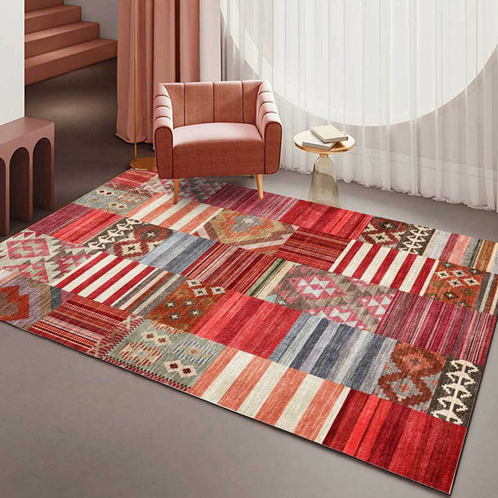 BowLift | American Tribal Striped Pattern Carpet Red Polyester Carpet Machine Washable Non-Slip Back Living Room Carpet for Bedroom