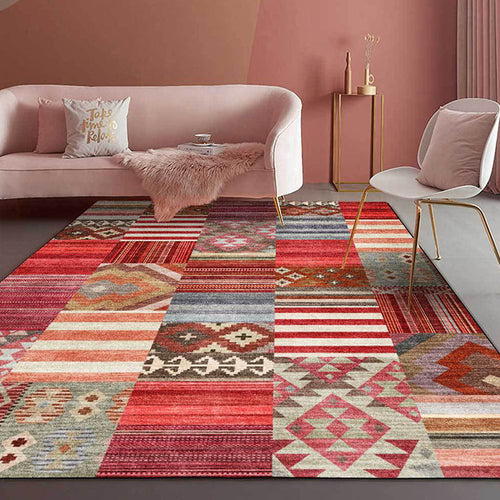 BowLift | American Tribal Striped Pattern Carpet Red Polyester Carpet Machine Washable Non-Slip Back Living Room Carpet for Bedroom