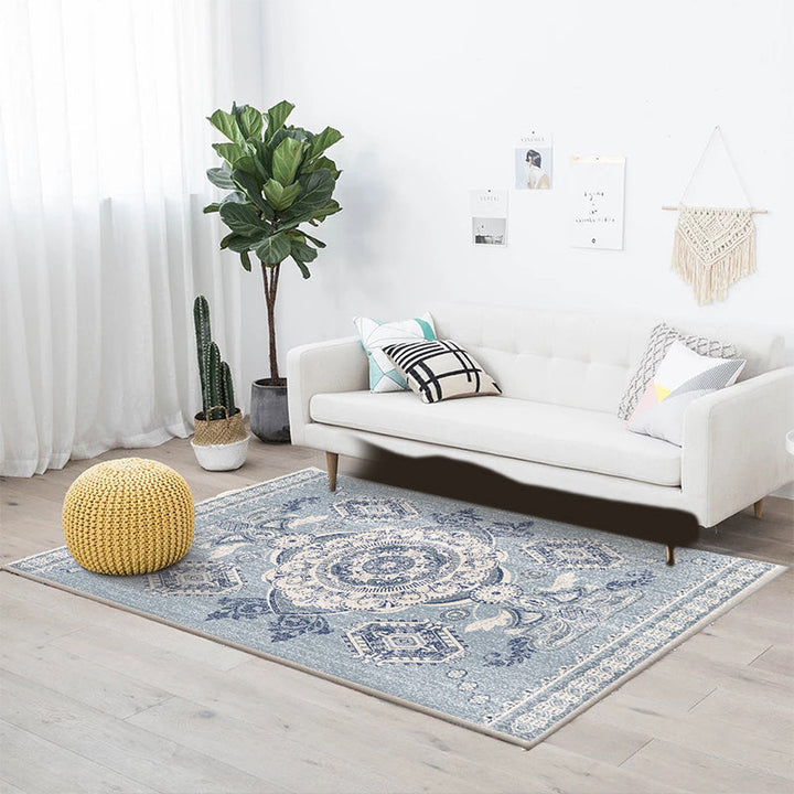 BowLift | Persian Moroccan carpet in blue medallion flower petal pattern carpet polyester non-slip carpet for home decoration