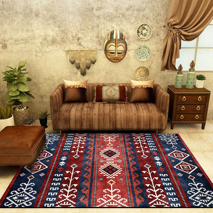 BowLift | Marine and red southwest rug polyester tribal pattern rug washable non-slip backing rug for living room