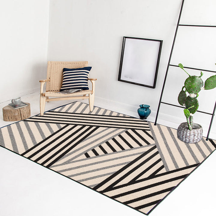 Ivory and Black Bedroom Rug Modern Geometric Stripe Pattern Area Rug Polyester Non-Slip Rug | Bowlift